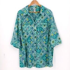 Catherines Floral Mandala Button‎ Shirt Short Sleeve Pockets Turquoises Size 1X